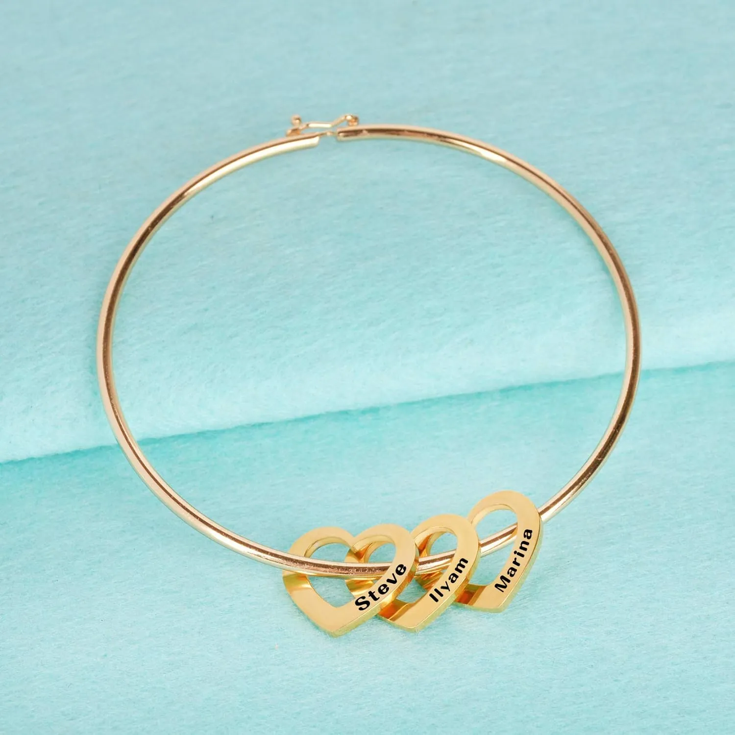 Personalized Bracelet Bangle with Heart Charms Pendants - Custom Made Multiple Pendant Jewelry Custom Name ID Bracelet for Women Wife