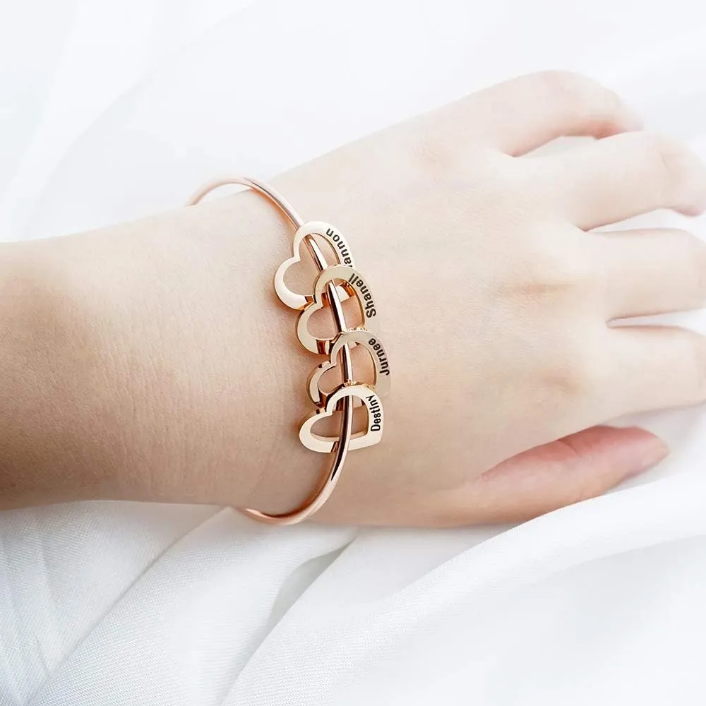 Personalized Bracelet Bangle with Heart Charms Pendants - Custom Made Multiple Pendant Jewelry Custom Name ID Bracelet for Women Wife