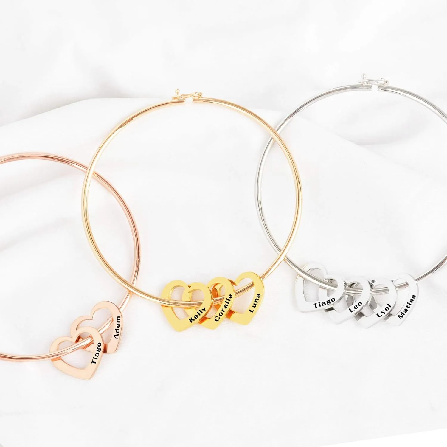 Personalized Bracelet Bangle with Heart Charms Pendants - Custom Made Multiple Pendant Jewelry Custom Name ID Bracelet for Women Wife
