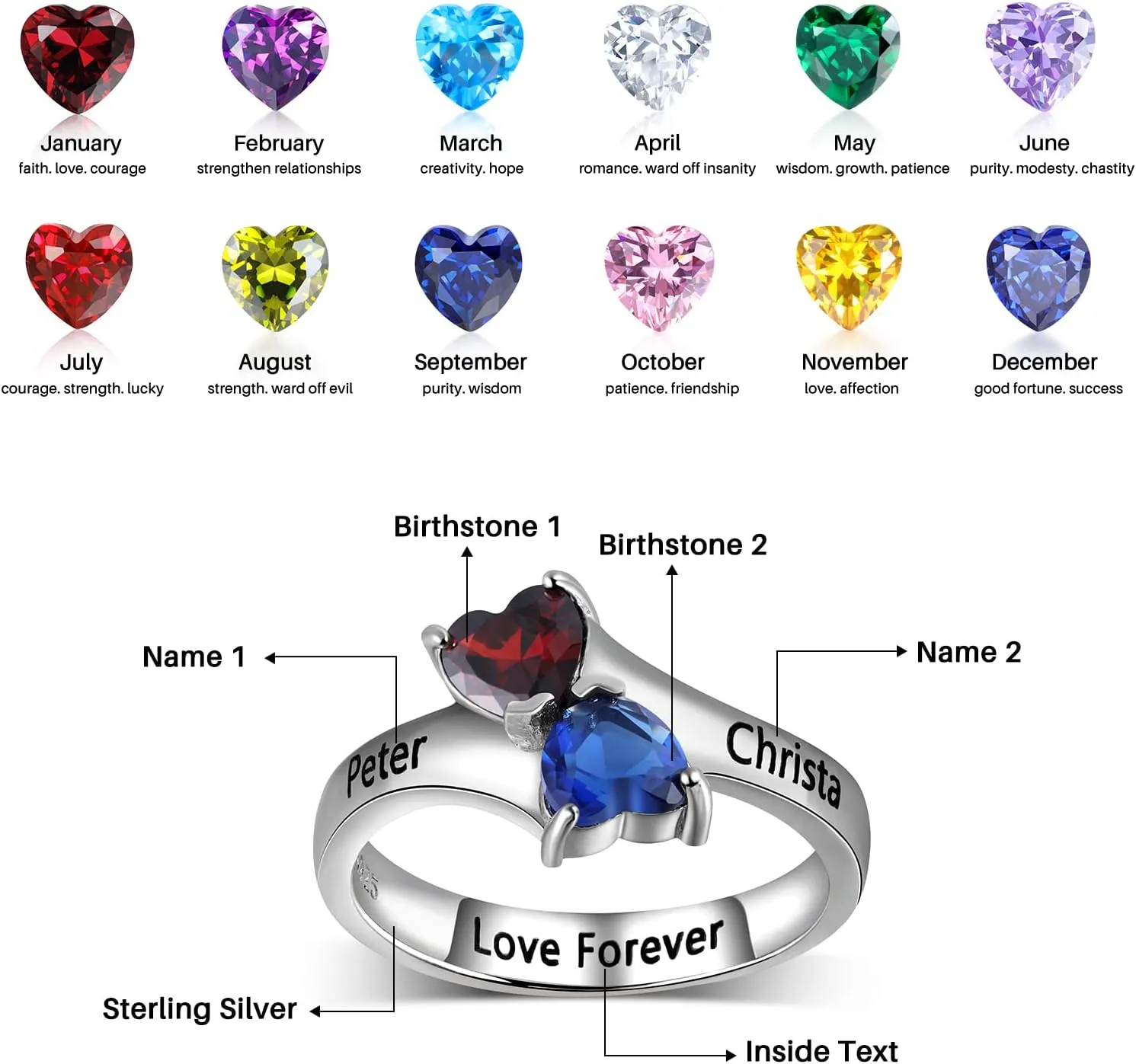 Personalized Heart Rings for Women,925 Sterling Silver Rings with 2 Birthstone for Women Promise Rings for Her Couples Mothers Rings Gifts for Women Wife Mom Daughter