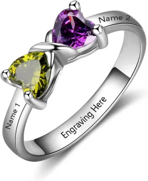 Personalized Infinity Birthstone Ring for Women with 2 Heart Simulated Birthstones, silver/10K/14K/18K Gold Ring Customize Names Engraved Family Rings for Mothers Day and Birthday Gifts