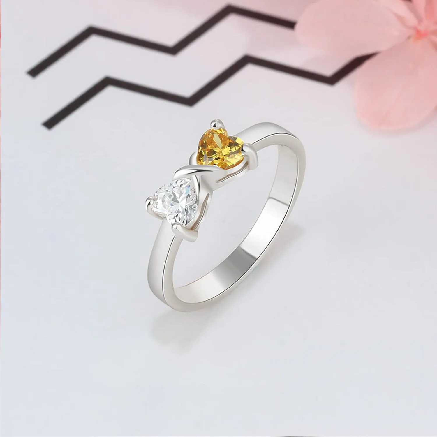 Personalized Infinity Birthstone Ring for Women with 2 Heart Simulated Birthstones, silver/10K/14K/18K Gold Ring Customize Names Engraved Family Rings for Mothers Day and Birthday Gifts