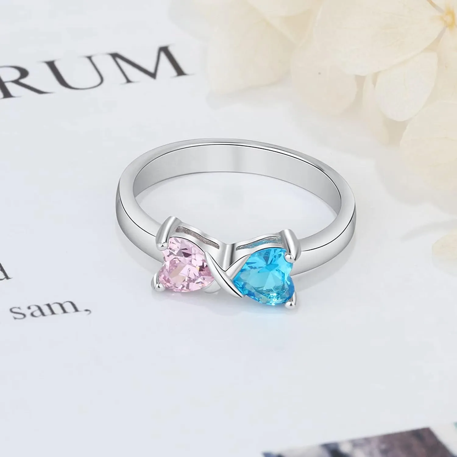 Personalized Infinity Birthstone Ring for Women with 2 Heart Simulated Birthstones, silver/10K/14K/18K Gold Ring Customize Names Engraved Family Rings for Mothers Day and Birthday Gifts