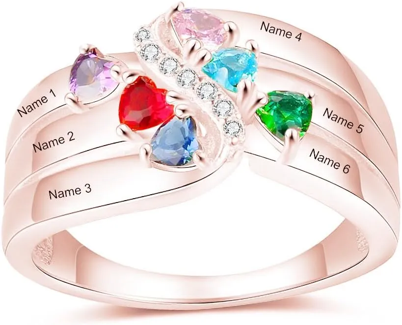 Personalized Moissanite Heart Name Rings with 2-6 CZ Birthstone, Sterling Silver Customized Birthstone Rings for Mom Women Jewelry for Women Mothers Day Birthday
