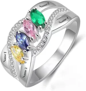 Personalized Moissanite Heart Name Rings with 2-6 CZ Birthstone, Sterling Silver Customized Birthstone Rings for Mom Women Jewelry for Women Mothers Day Birthday