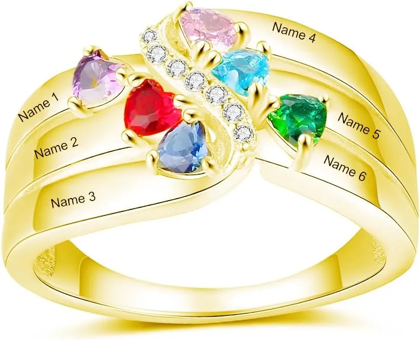 Personalized Moissanite Heart Name Rings with 2-6 CZ Birthstone, Sterling Silver Customized Birthstone Rings for Mom Women Jewelry for Women Mothers Day Birthday