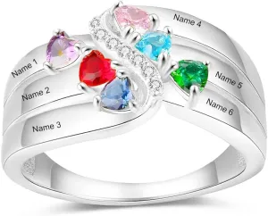 Personalized Moissanite Heart Name Rings with 2-6 CZ Birthstone, Sterling Silver Customized Birthstone Rings for Mom Women Jewelry for Women Mothers Day Birthday