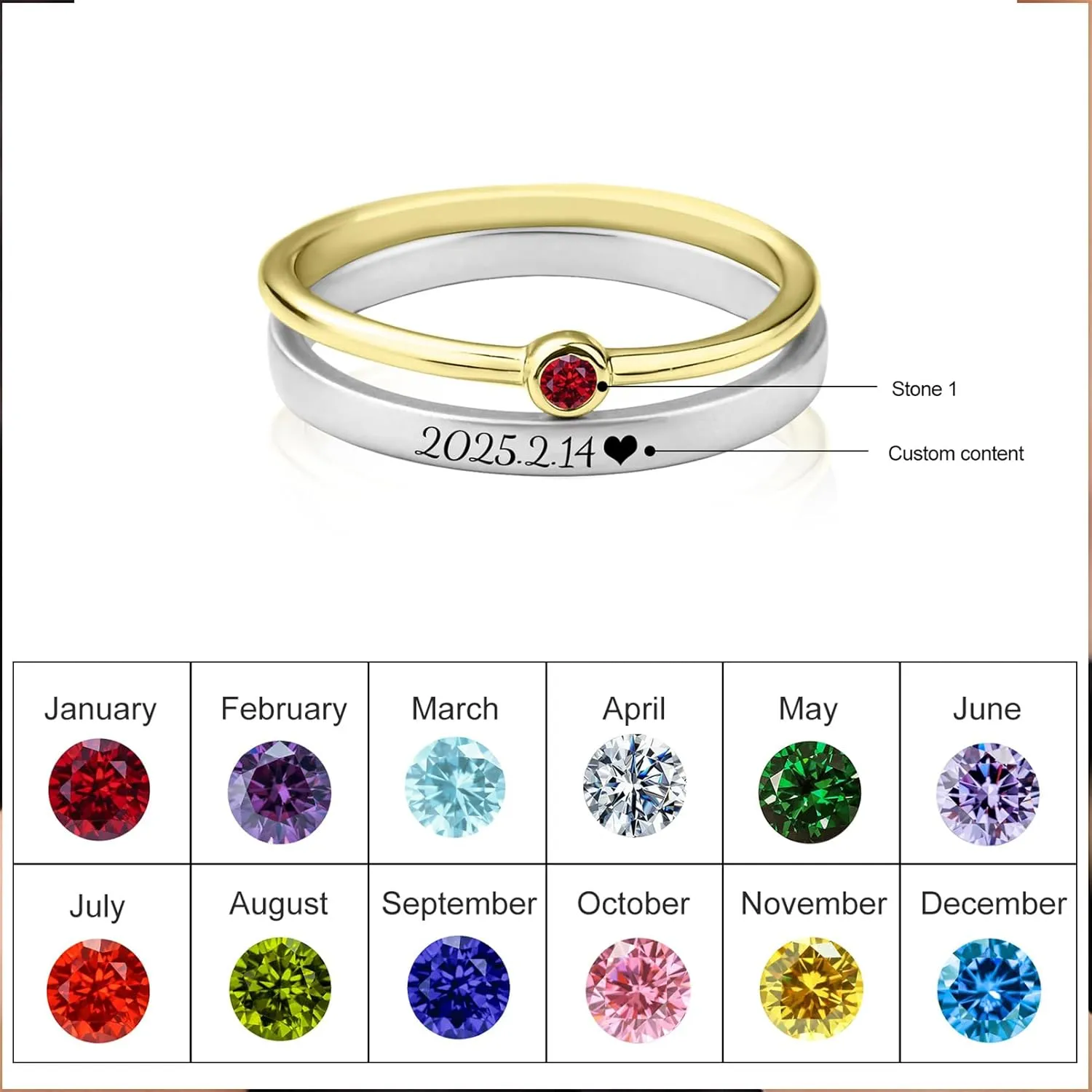 Personalized Promise Rings for Her Custom Couples Name Ring for Women Birthstone Rings with 2 Simulated Birthstones Wedding Engagement Valentine's Day Jewelry for Couple Rings