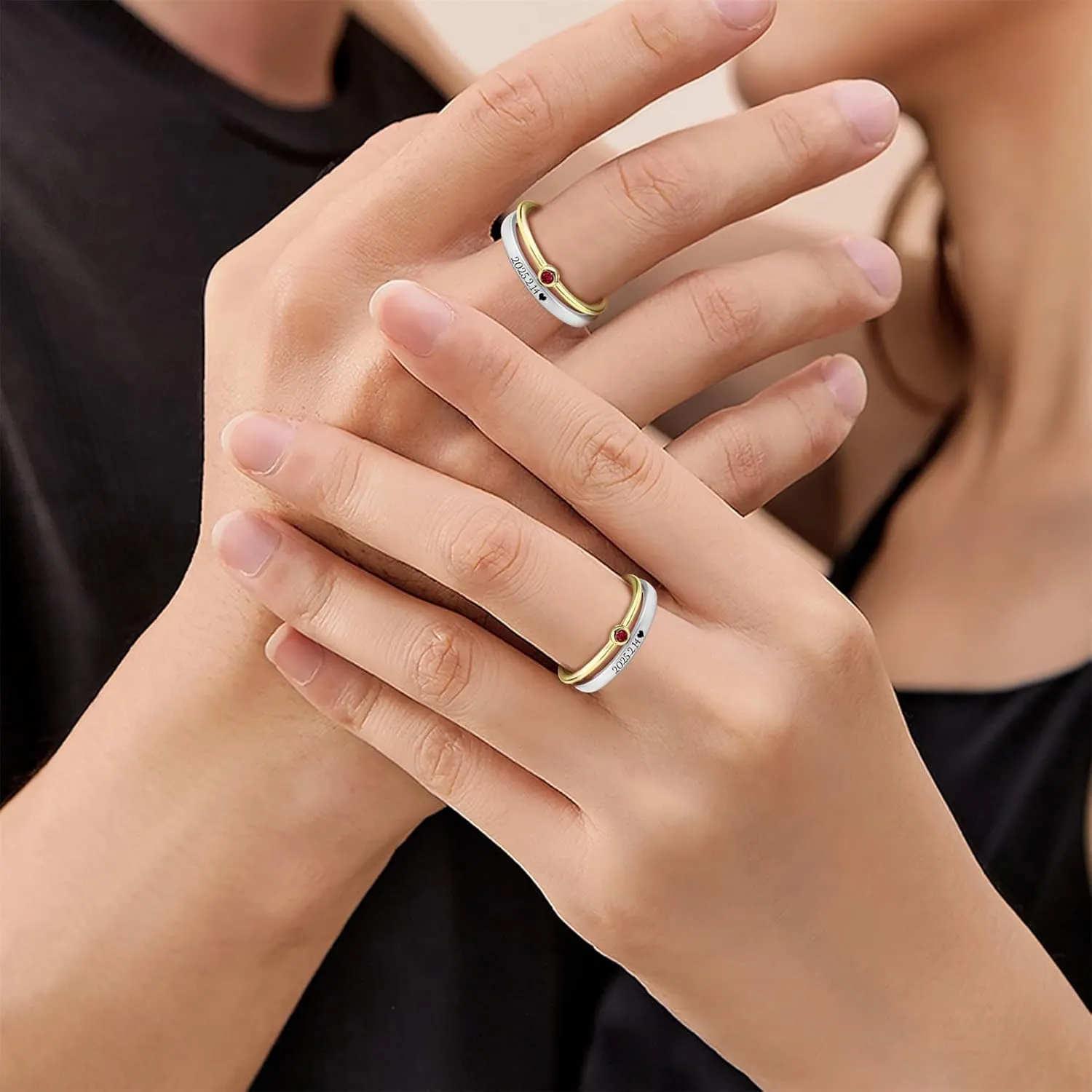 Personalized Promise Rings for Her Custom Couples Name Ring for Women Birthstone Rings with 2 Simulated Birthstones Wedding Engagement Valentine's Day Jewelry for Couple Rings