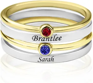 Personalized Promise Rings for Her Custom Couples Name Ring for Women Birthstone Rings with 2 Simulated Birthstones Wedding Engagement Valentine's Day Jewelry for Couple Rings