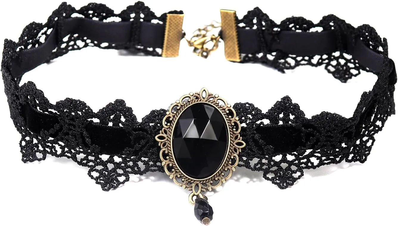 Pingyongchang Lace Choker Necklace Black Lace Crystal Choker Necklace for Women Halloween Weeding Costume Party Prom Vampire Pendant Choker for Women Gothic Jewelry