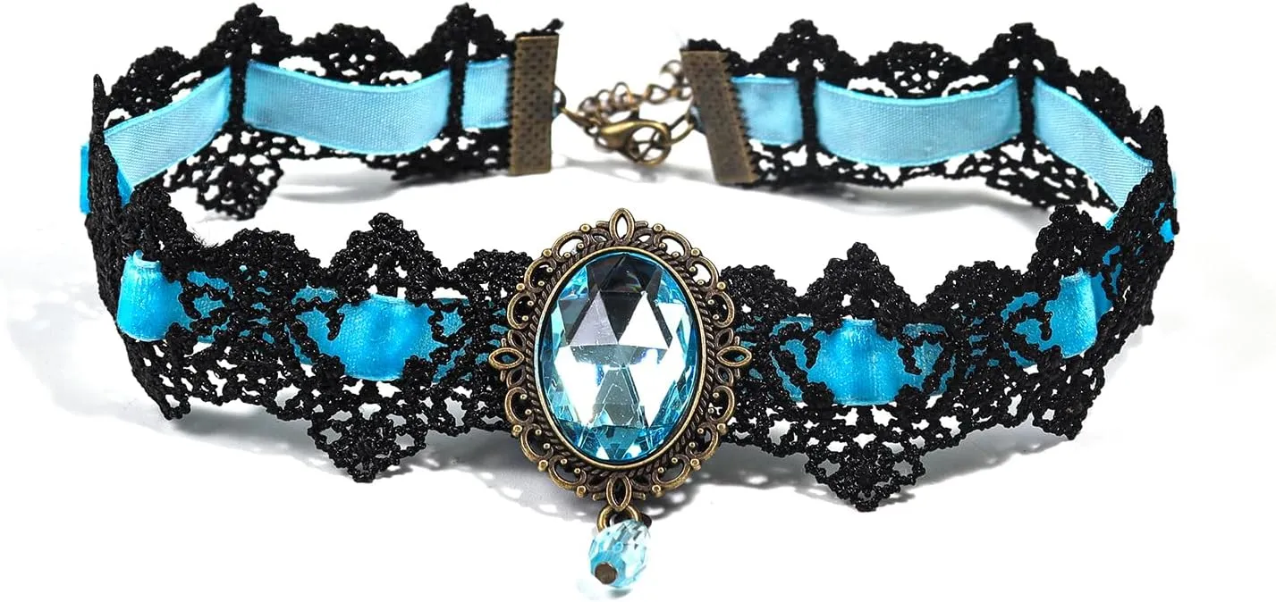 Pingyongchang Lace Choker Necklace Black Lace Crystal Choker Necklace for Women Halloween Weeding Costume Party Prom Vampire Pendant Choker for Women Gothic Jewelry
