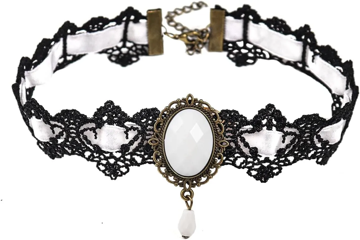 Pingyongchang Lace Choker Necklace Black Lace Crystal Choker Necklace for Women Halloween Weeding Costume Party Prom Vampire Pendant Choker for Women Gothic Jewelry