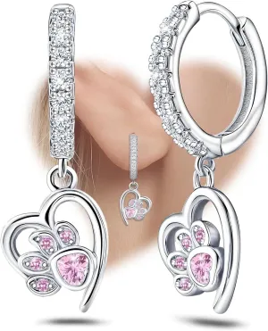 Pink Heart Print Earrings for Women Sterling Silver Cute Pet Puppy Cat Dog Paw Print Hoop Earrings Hypoallergenic White Cubic Zirconia Loop Earrings Dainty Heart-Shaped Earrings for Christmas Birthday