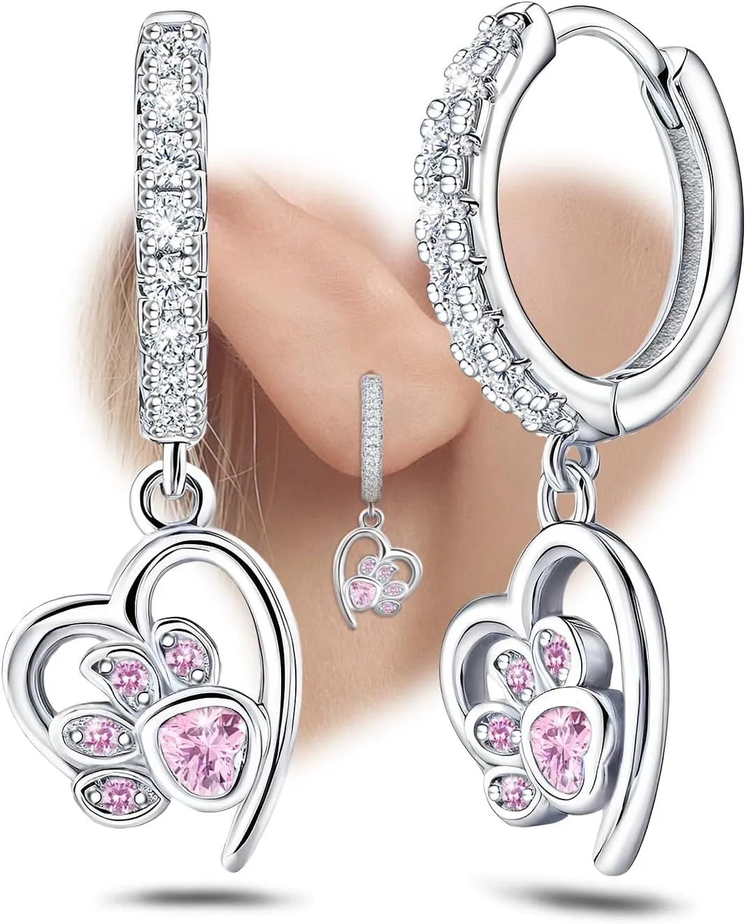 Pink Heart Print Earrings for Women Sterling Silver Cute Pet Puppy Cat Dog Paw Print Hoop Earrings Hypoallergenic White Cubic Zirconia Loop Earrings Dainty Heart-Shaped Earrings for Christmas Birthday