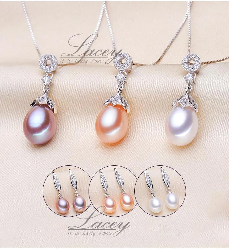 Real freshwater bridal jewelry sets with pendant earring,wedding 925 silver fine natural white pearl jewelry sets for women gift