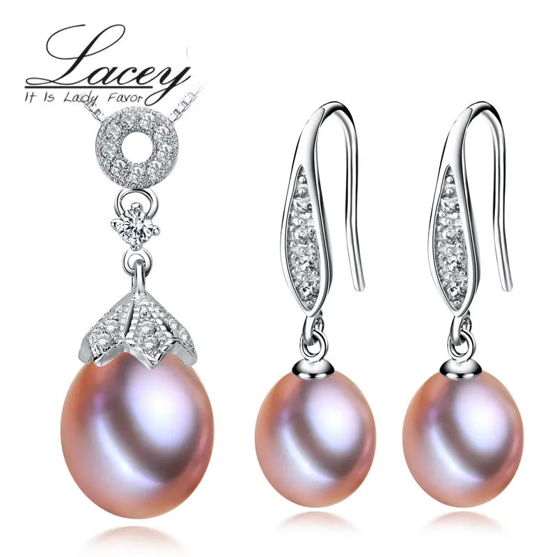 Real freshwater bridal jewelry sets with pendant earring,wedding 925 silver fine natural white pearl jewelry sets for women gift