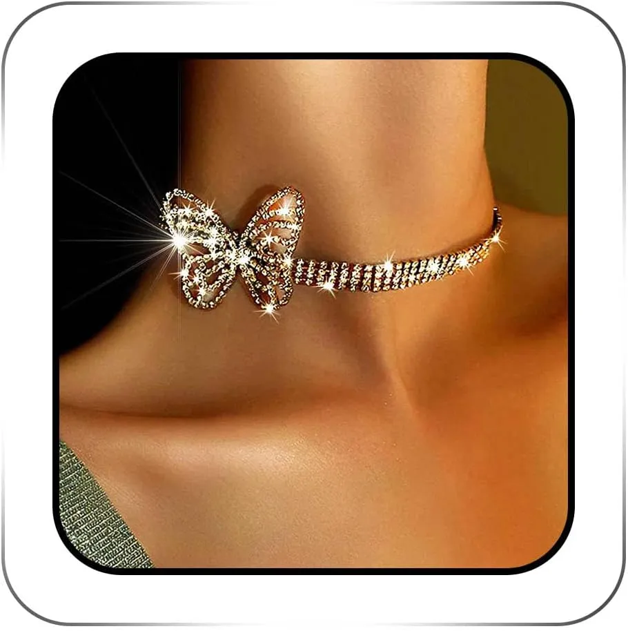 Rhinestone Butterfly Choker Necklace Silver Diamond Charm Bling Necklaces Jewelry for Women