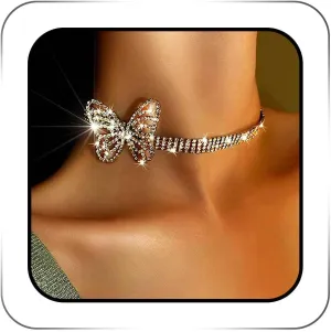 Rhinestone Butterfly Choker Necklace Silver Diamond Charm Bling Necklaces Jewelry for Women