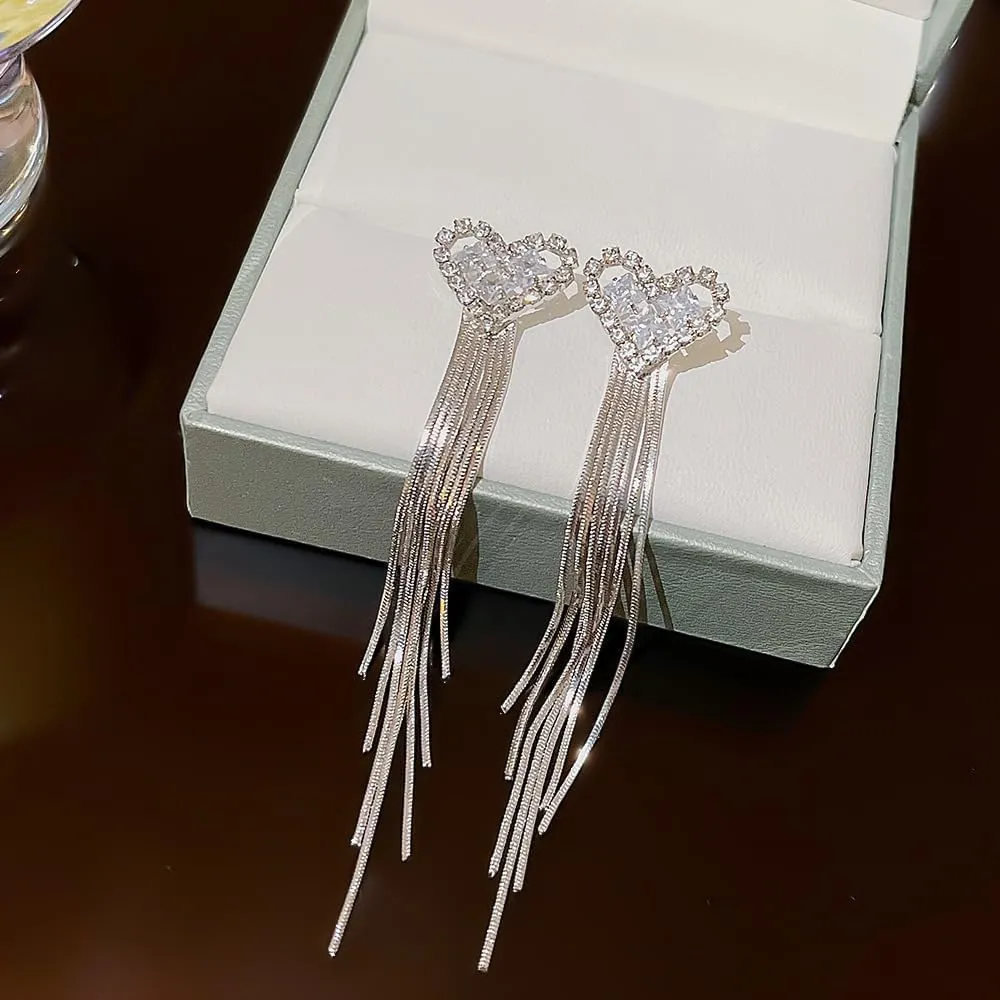 Rhinestone Gold Silver/Red Tassel Earrings For Women Trendy Chandelier Earrings Statement Fringe Earrings Long Crystal Tassels Earrings Beaded Dangling Earrings For Party Prom Wedding Bridal