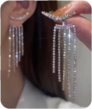 Rhinestone Gold Silver/Red Tassel Earrings For Women Trendy Chandelier Earrings Statement Fringe Earrings Long Crystal Tassels Earrings Beaded Dangling Earrings For Party Prom Wedding Bridal