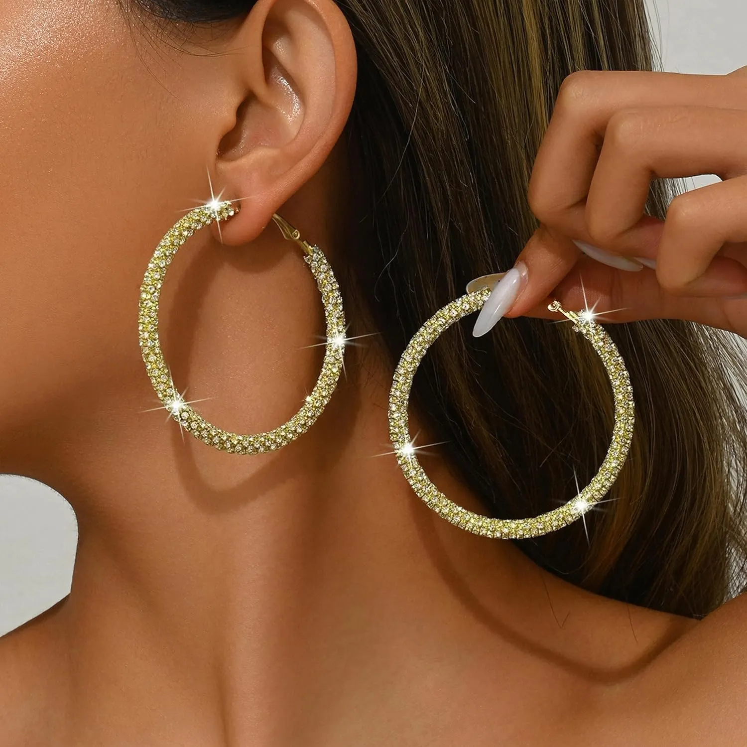 Rhinestone Hoop Earrings Trendy Earrings for Women 2025 Prom Dresses 2025 Big/Large Hoop Earrings Sparkly Glitter Hoops Earring Wedding Prom Formal Jewelry Gifts