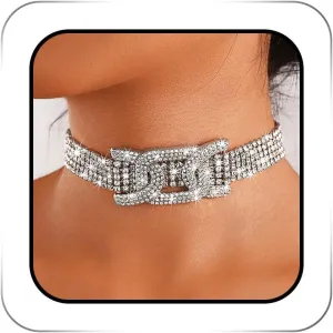Rhinestone Row Choker Necklace Jewelry Silver Sparkly Crystal Chokers Chain Party Prom Neck Accessories for Women