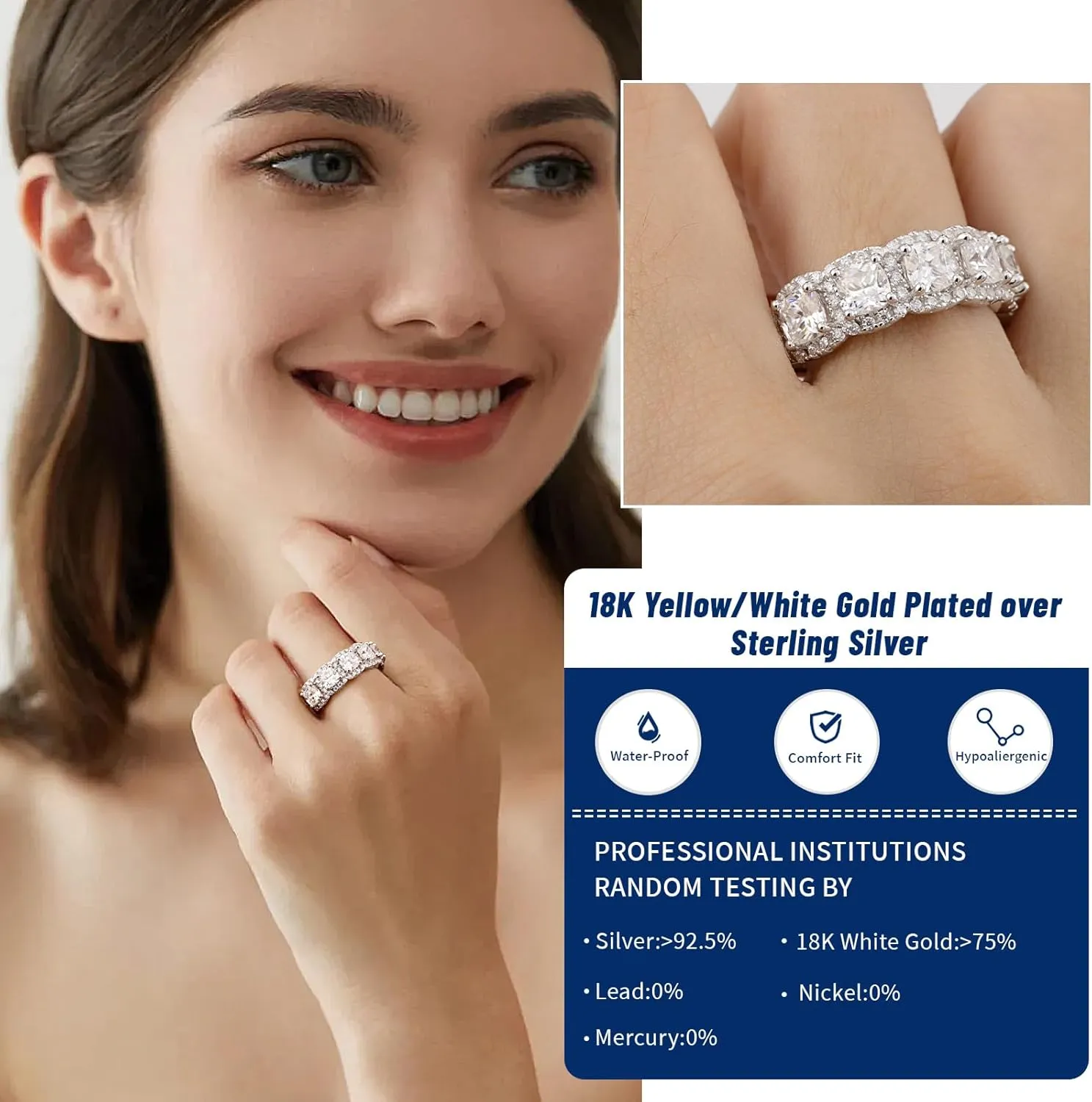 RINEY&KY Moissanite Rings for Women Lab Diamond Wedding Bands D Color VVS1 Clarity 18K White Gold Plated Sterling Silver Non Tarnish Eternity Milgrain Marquise Size 5-10US