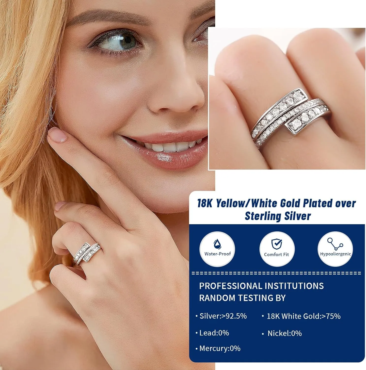 RINEY&KY Moissanite Rings for Women VVS Sterling Silver Stackable Wedding Bands Non Tarnish White Gold Plated Hypoallergenic Certified Lab Diamond Eternity Band Size 5-10US