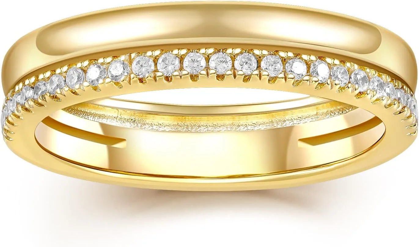 RINEY&KY Moissanite Stackable Rings for Women, 18K Gold Plated Half Eternity Band Stering Silver Lab Created Diamond Bands Ring Dual Dainty Stacking Minimalist Everyday Jewelry Statement Moissanite Ring Size 5-10US