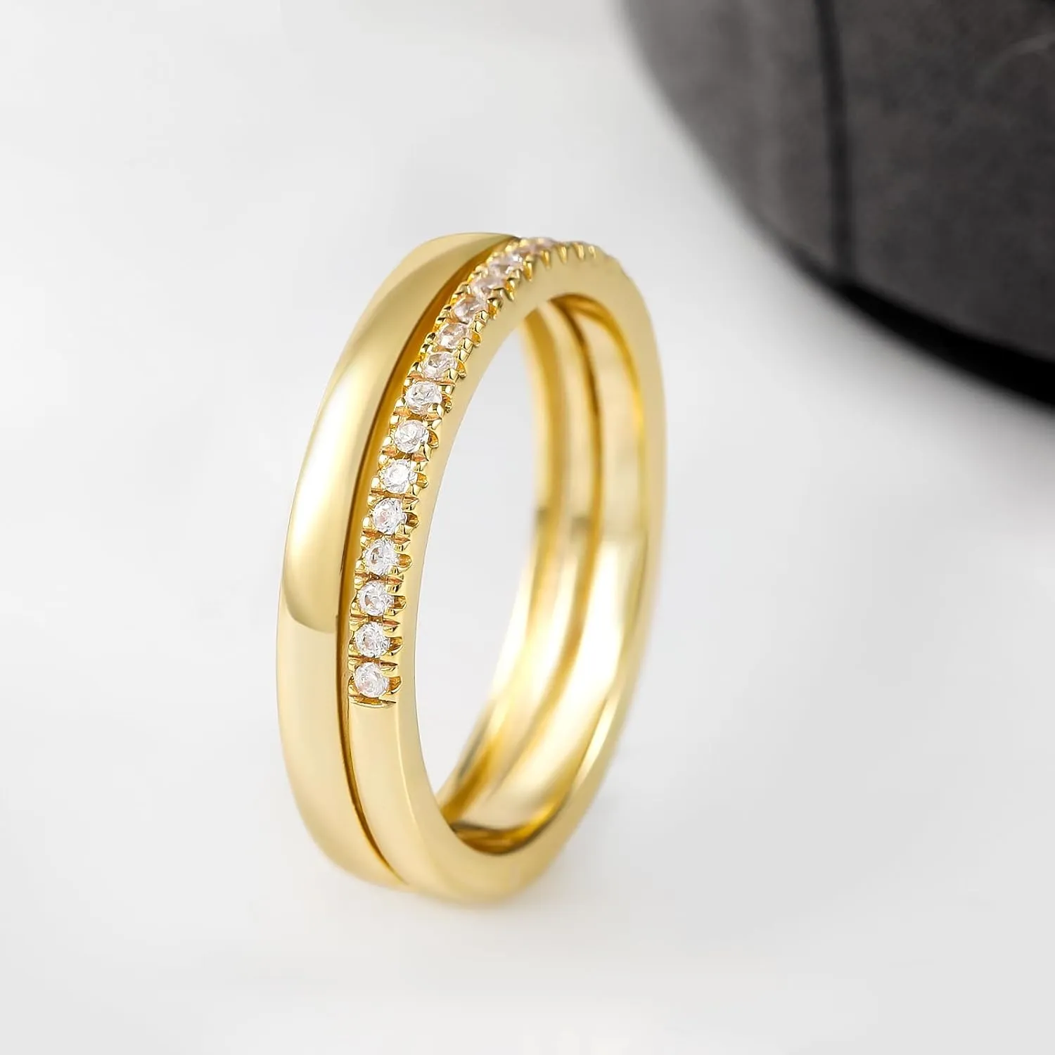 RINEY&KY Moissanite Stackable Rings for Women, 18K Gold Plated Half Eternity Band Stering Silver Lab Created Diamond Bands Ring Dual Dainty Stacking Minimalist Everyday Jewelry Statement Moissanite Ring Size 5-10US