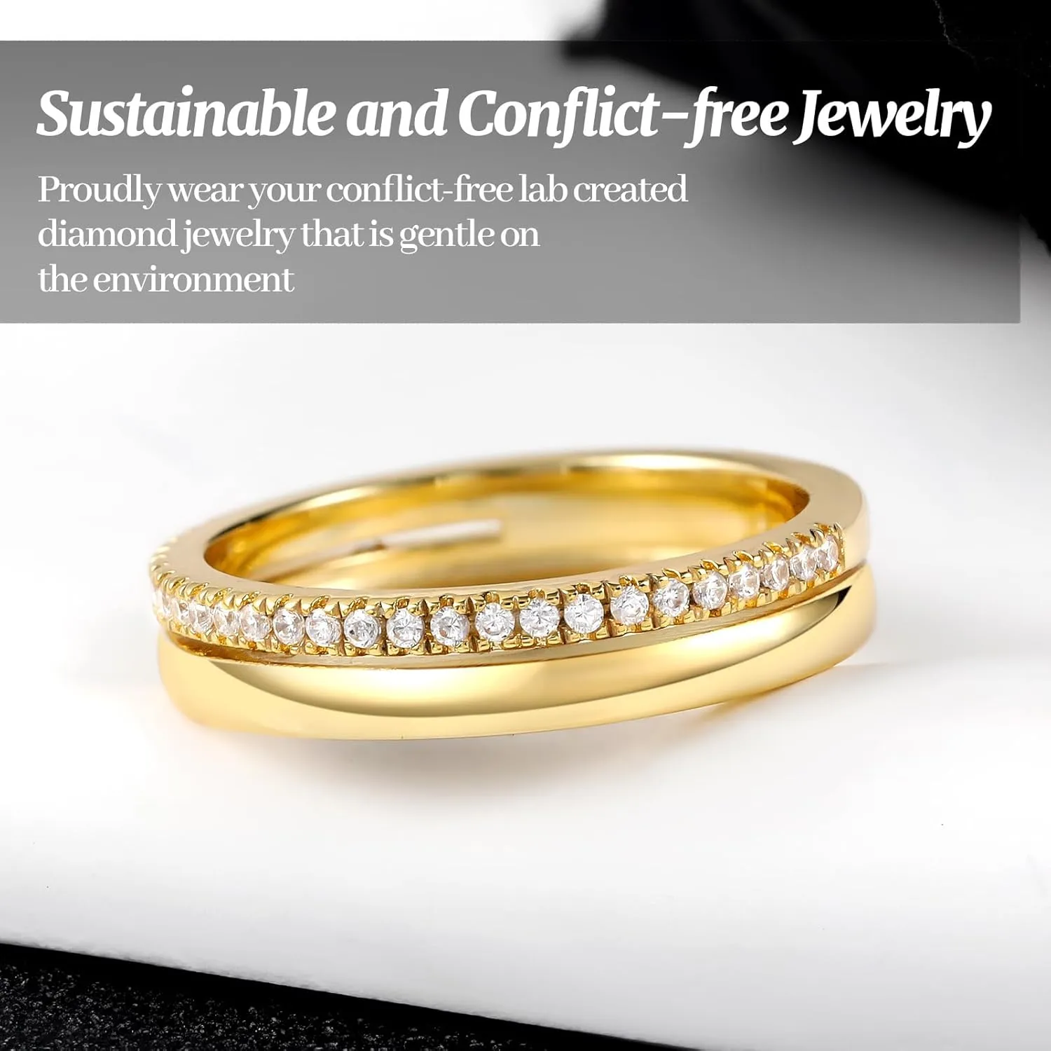 RINEY&KY Moissanite Stackable Rings for Women, 18K Gold Plated Half Eternity Band Stering Silver Lab Created Diamond Bands Ring Dual Dainty Stacking Minimalist Everyday Jewelry Statement Moissanite Ring Size 5-10US