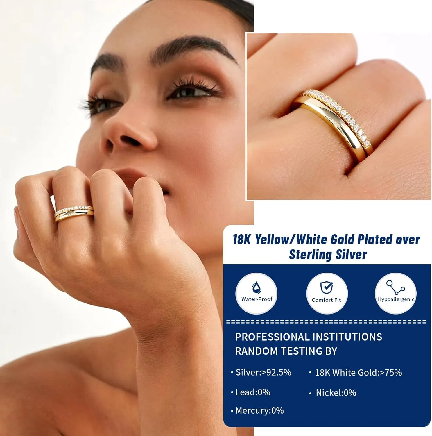 RINEY&KY Moissanite Stackable Rings for Women, 18K Gold Plated Half Eternity Band Stering Silver Lab Created Diamond Bands Ring Dual Dainty Stacking Minimalist Everyday Jewelry Statement Moissanite Ring Size 5-10US