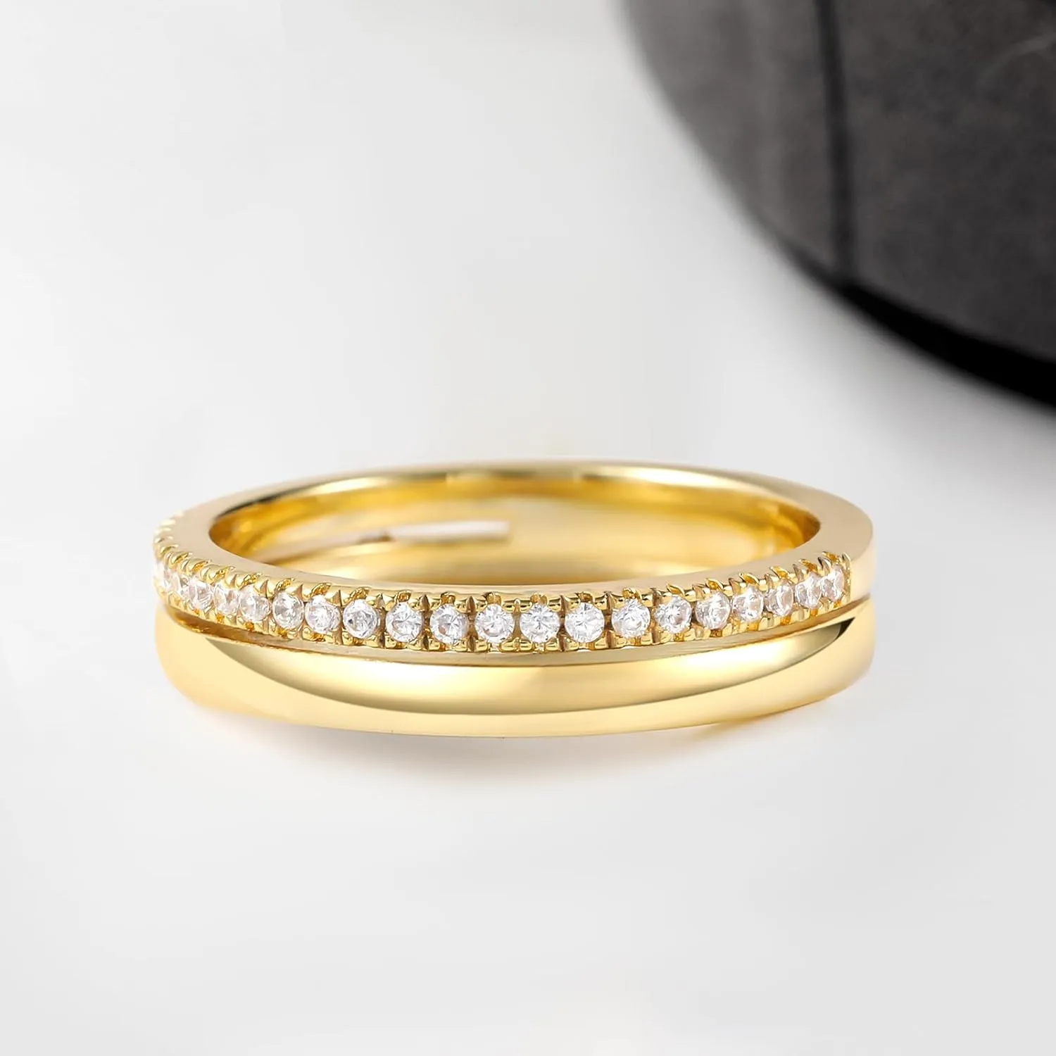 RINEY&KY Moissanite Stackable Rings for Women, 18K Gold Plated Half Eternity Band Stering Silver Lab Created Diamond Bands Ring Dual Dainty Stacking Minimalist Everyday Jewelry Statement Moissanite Ring Size 5-10US
