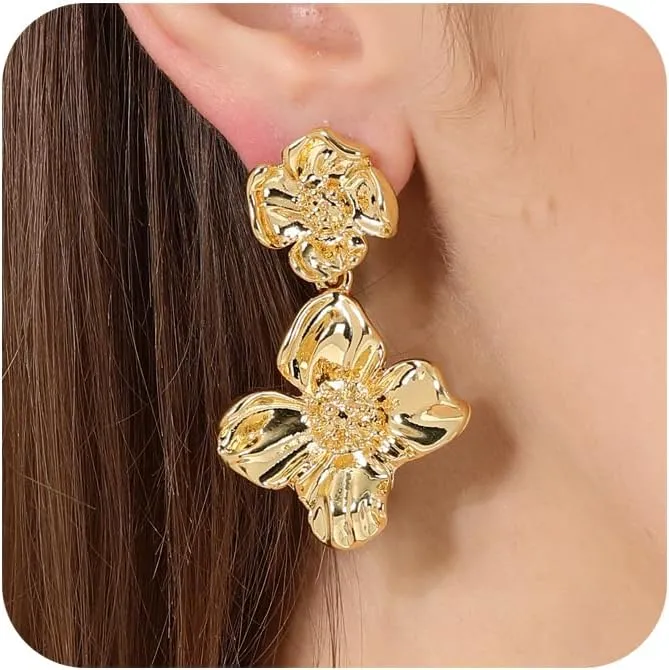 Ritach 14K Gold Dangle Earrings for Women Big Chunky Bohemian Statement Flower Leaf Dangle Drop Earrings
