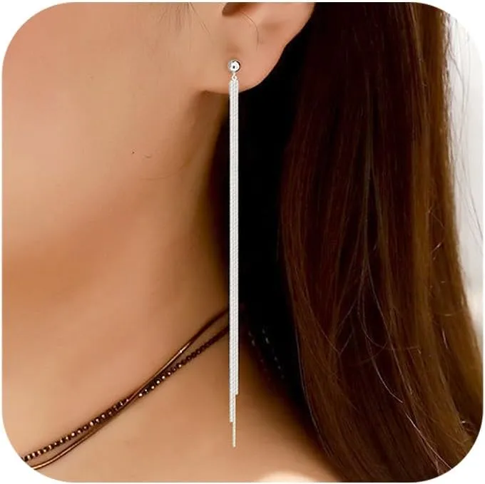 Ritach Silver Dangle Earrings for Women Minimalist Long Silver Dangle Drop Tassel Threader Prom Earrings Jewelry Gifts for Women