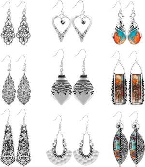 Ritach Silver Dangle Earrings for Women Trendy Silver Boho Dangling Bohemian Earrings Wholesale Multipack Sets Vintage Boho Western Jewelry Bulk Set for Costume Vacation Prom Party Gifts