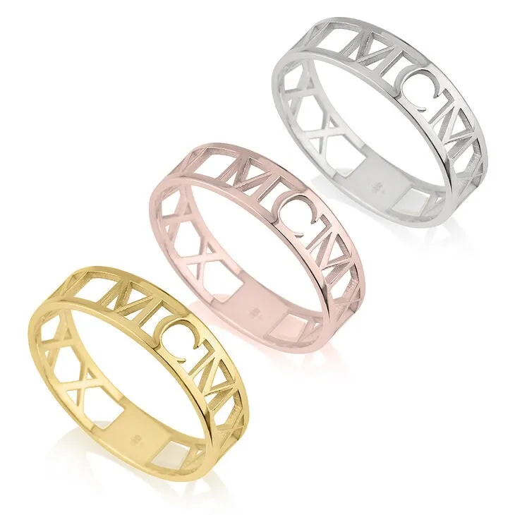 Roman Numeral Ring-Cutout,Solid, S.Silver/24K Gold/Rose Gold/14k W.Gold, Valentine/Thanksgiving/Anniversary/Birthday/Graduation/Engagement
