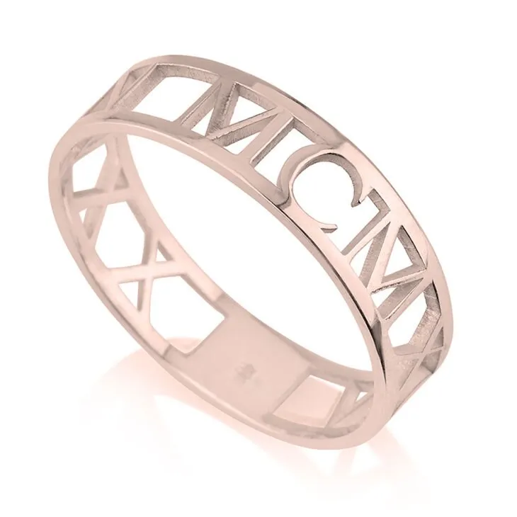 Roman Numeral Ring-Cutout,Solid, S.Silver/24K Gold/Rose Gold/14k W.Gold, Valentine/Thanksgiving/Anniversary/Birthday/Graduation/Engagement