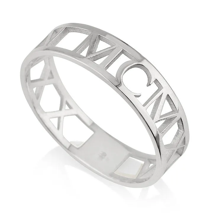 Roman Numeral Ring-Cutout,Solid, S.Silver/24K Gold/Rose Gold/14k W.Gold, Valentine/Thanksgiving/Anniversary/Birthday/Graduation/Engagement