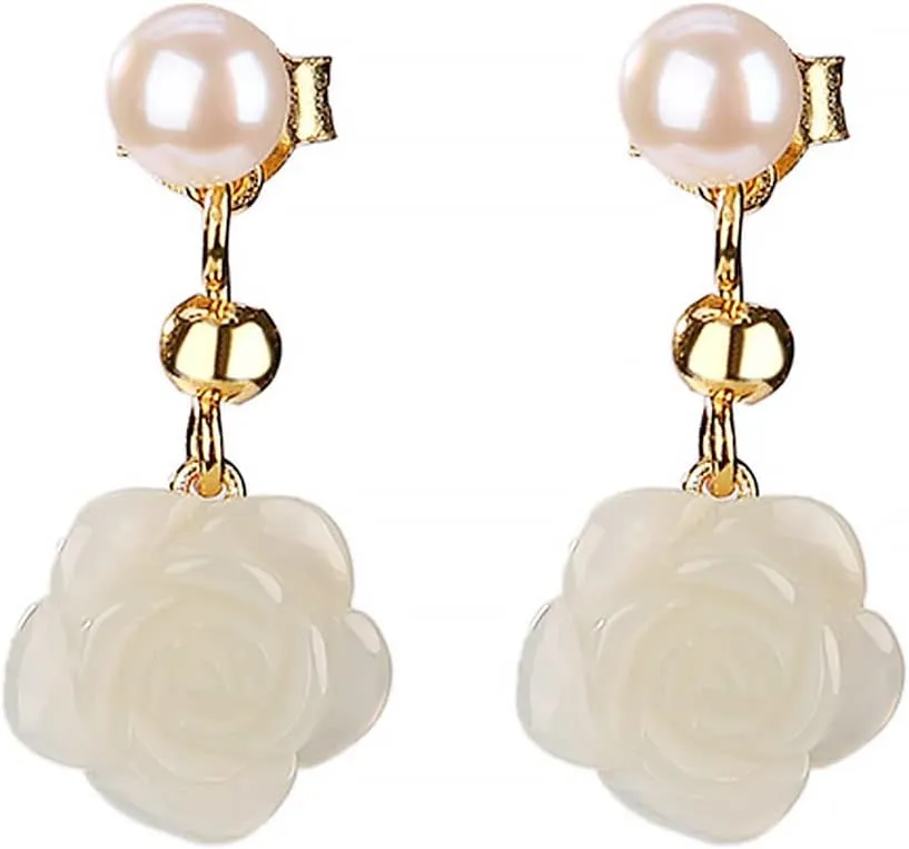 Rose Flower Shape Jade Earrings for Women 925 Sterling Silver Gold Plated with Imitation Pearl Dangle Earrings