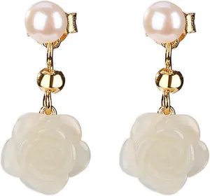 Rose Flower Shape Jade Earrings for Women 925 Sterling Silver Gold Plated with Imitation Pearl Dangle Earrings