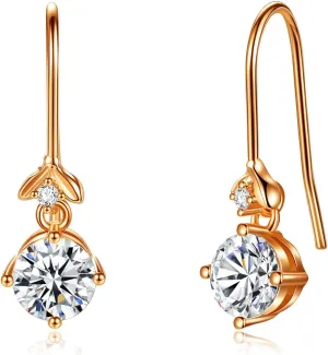 Rose Gold Plated Dangle Drop Earrings with 6mm Round CZ, 925 Sterling Silver Post Hypoallergenic Earring for Women