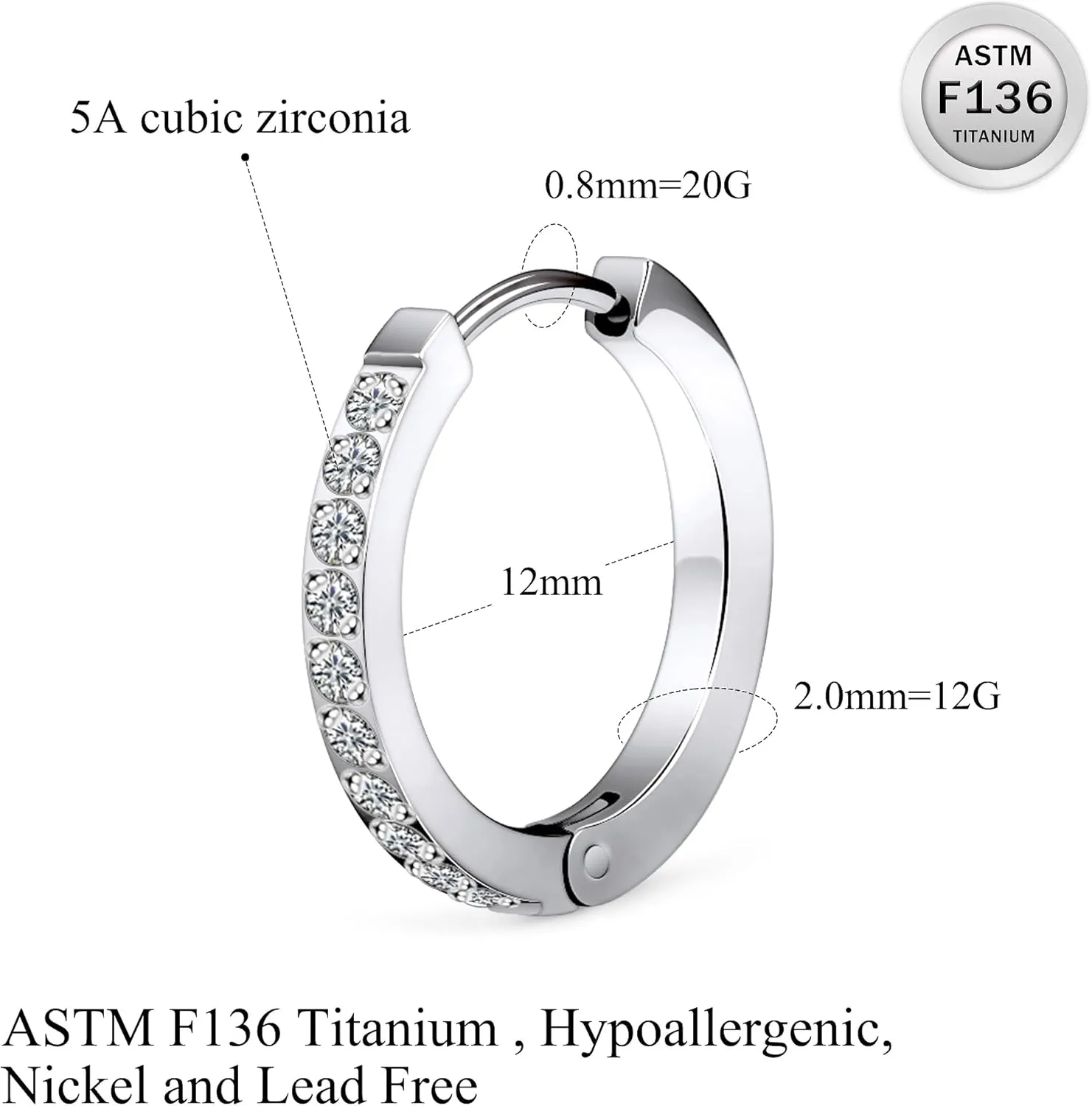 Ruifan ASTM F136 Titanium Hoop Earrings for Women Small Huggie Hoop Earrings Hypoallergenic Rook Helix Cartilage Hoops Cubic Zirconia Cuff Earring Piercing Jewelry For Women Sensitive Ears 20G 18G