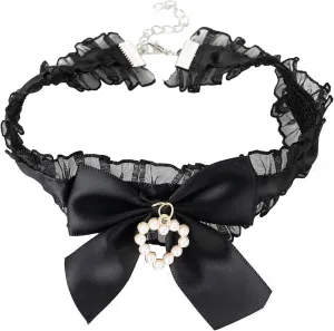 Sexy Chokers for Women Black Lace Collars Adjustable Layered Velvet Bow Tie with Heart Pendant Costume Gothic Accessory Necklace for Women