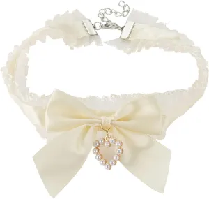 Sexy Chokers for Women White Lace Collars Adjustable Layered Velvet Bow Tie with Heart Pendant Costume Gothic Accessory Necklace for Women