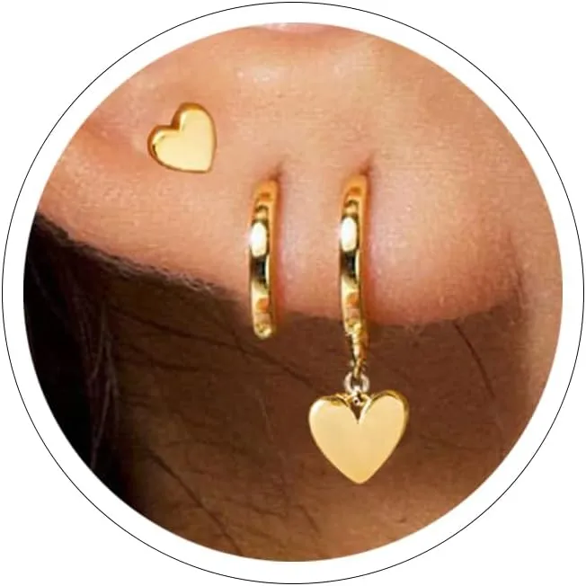 Silver & Gold Heart Dangle Earrings - Pink & Sparkle Rhinestone Bling Heart Jewelry