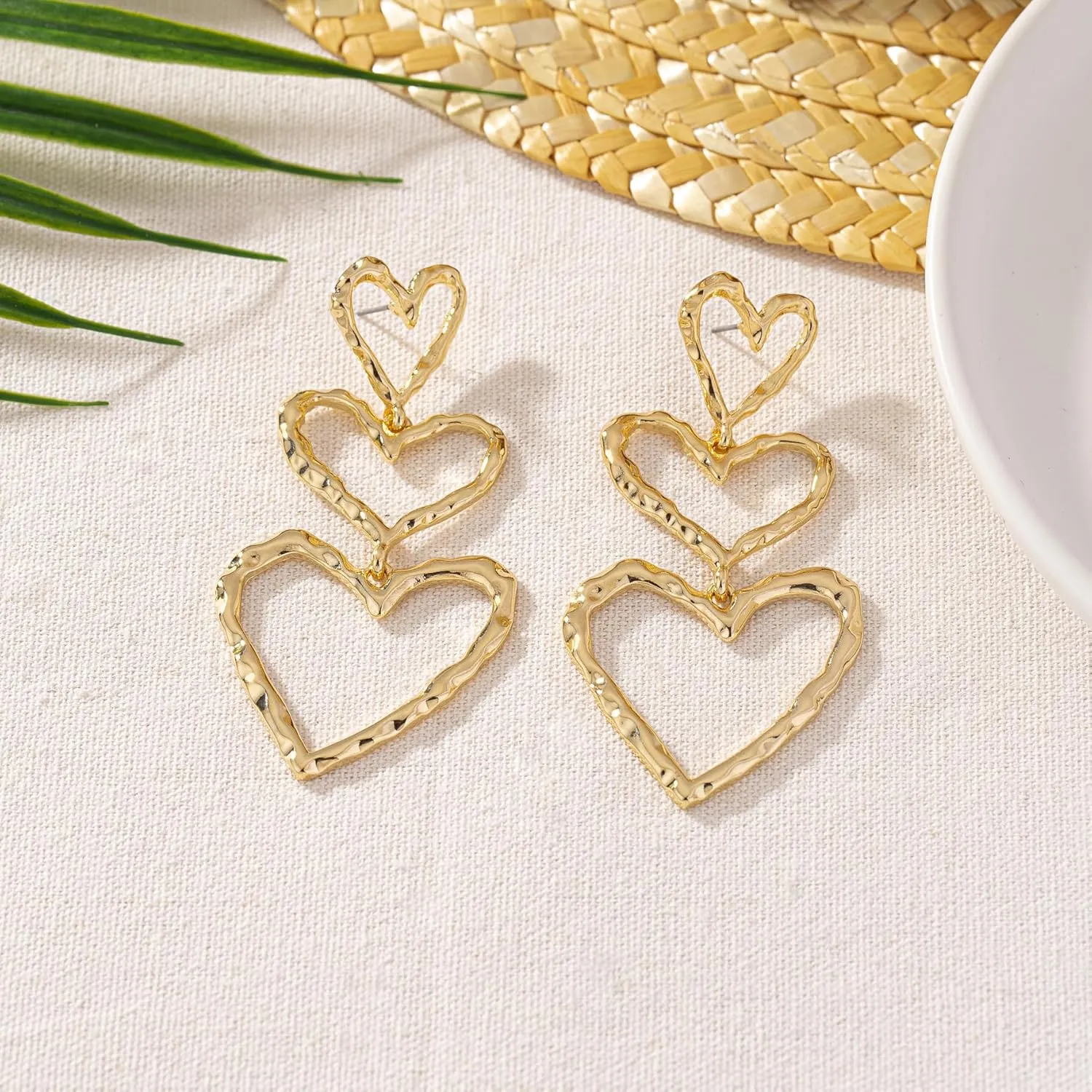 Silver & Gold Heart Dangle Earrings - Pink & Sparkle Rhinestone Bling Heart Jewelry