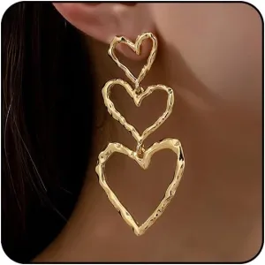 Silver & Gold Heart Dangle Earrings - Pink & Sparkle Rhinestone Bling Heart Jewelry