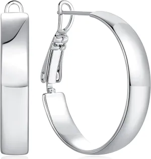 Silver Hoop Earrings for Women Sterling Silver Earrings Flat Square-edge Small Silver Hoop Earrings for Piercing Ears, Clip-on Clasp Thick Silver Hoop Earrings (22mm*4.5mm)